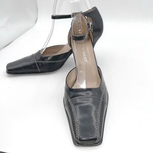 Nine West NW‎ Positive Black Leather Square Toe Ankle Strap Heels Womens 6.5M